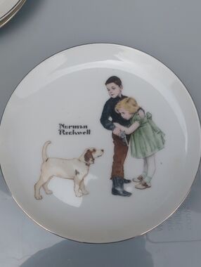 Norman Rockwell White Porcelain Plate with Multicolor Illustration and Gold Rim